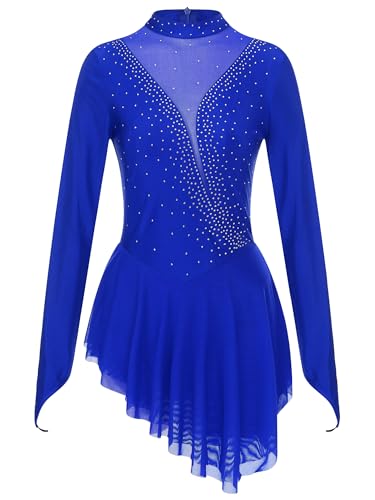 iEFiEL Damen Tanzkleid Patchwork Eiskunstlauf Kleid Langarm Ballettanzug mit Strass Rollkunstlauf Wettbewerb Tanzkostüm Kürkleid Royal Blau S