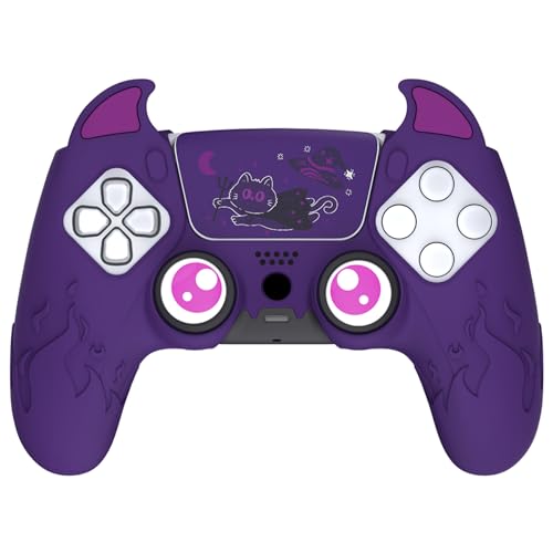 PlayVital Silikonhülle für ps5 Controller, Cute Demon Kawaii Controller Cover Schutzhülle Hülle Skin Zubehör für ps5 mit Touch Pad Aufkleber&Stick Kappen-Lila