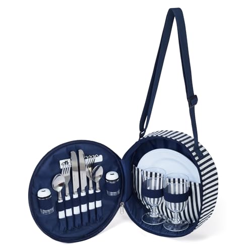 Picknick-Set für 2 Personen – Tragetasche mit Tellern aus Melamin, Besteck und Bechern, wiederverwendbar, ideal für Camping und Mittagessen im Freien (10, Standard)