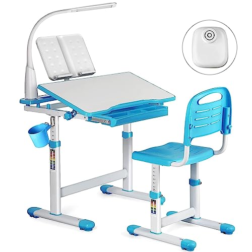 JOYLDIAS Kinderschreibtisch höhenverstellbar, Schülerschreibtisch Jugendschreibtisch mit Lampe, Schreibtisch Kinder mit Stuhl und Schublade inkl. kostenloser Kleineimer/Blau