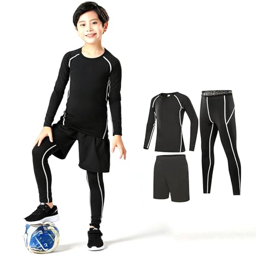 3 Stück Thermounterwäsche Kinder Funktionsunterwäsche Kinder Skiunterwäsche Kinder Thermounterhemd Thermounterhose Shorts Winter Warm Trainingsanzüge atmungsaktiv Sportunterwäsche für Fussball Ski