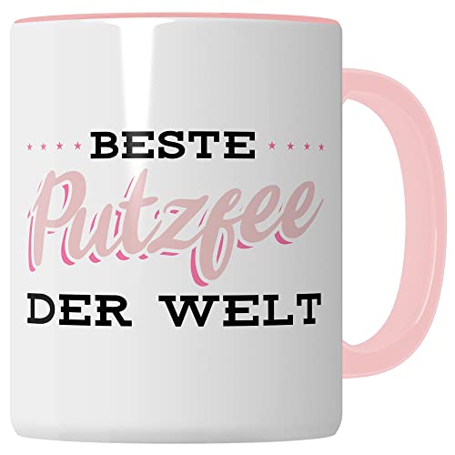 Putzfee Tasse Geschenkidee Kaffeetasse Humor Witz Geschenk für Putzkraft Kaffeebecher Putzhilfe Becher (Weiß & Rosa)