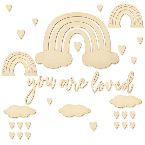 Marsui Boho Regenbogen Wanddekorationen aus Holz Regenbogen Wanddeko für Kinderzimmer You Are Loved Schriftzug aus Holz mit 3D Effekt Holz Wolken Wandbild DIY Holz Deko für Schlafzimmer