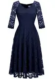 Dressystar Damen Elegant Cocktailkleid V-Ausschnitt Spitzenkleid Hochzeit Midi Brautjungfer Kleid Marineblau M