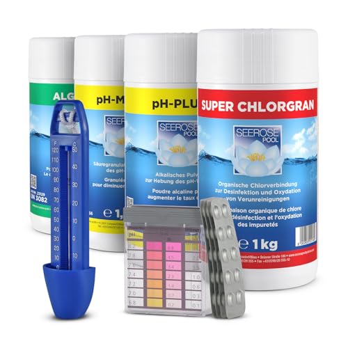 Seerose Wasserpflege Set Grundausstattungsset 4,5kg 7-teilig Chlor Algenschutz pH Minus/Plus Thermometer Wassertestgerät