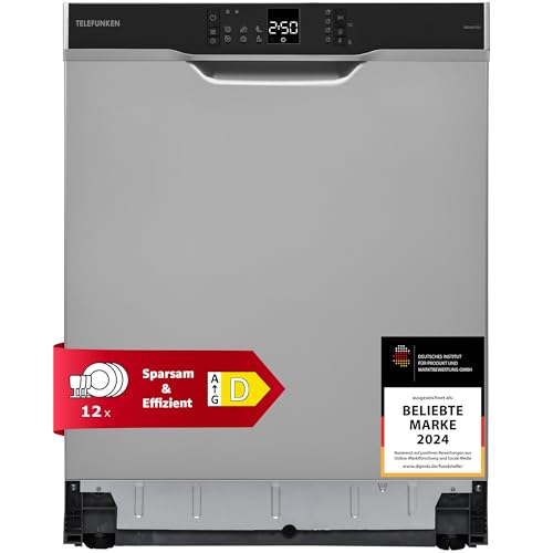 Telefunken Geschirrspüler Unterbau 60 cm, Spülmaschine Silber, 12 Maßgedecke, 6 Programme, AquaStop, Startzeitvorwahl, leise 45 dB, Speed-Wash, Eco, höhenverstellbar, Besteckkorb, GEU6012DI