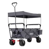 Arebos Bollerwagen faltbar mit Dach | Handwagen | Transportkarre Gerätewagen inkl. 2 Netztaschen und Einer Außentasche | Vorderrad-Bremse | klappbar | Vollgummi-Reifen | bis 100 kg Tragkraft | Grau