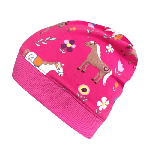 Wollhuhn ÖKO Leichte Weiche Mädchen Beanie-Mütze Elastisches Bündchen Übergangszeiten/Sommer Jersey Baumwolle (Pony/Pferde Pink, M)