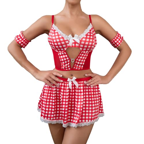 Dessous Damen Sexy Unterwäsche Lingerie Reizwäsche Frauenmode Cosplay Schulmädchen Dessous Rollenspiel Dessous Set Sexy Student Kostüme Rot Plaid Spitze Set1 Dessous Sexy Übergröße (Red, S)