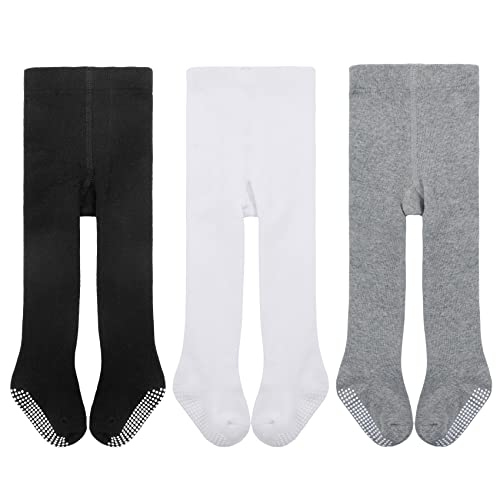 Durio Baby Strumpfhose für Mädchen Baumwolle Kinderstrumpfhose Kleinkind Strumpfhosen Set Leggings Anti-Rutsch Rutschfest Stoppersocken 3 Paar-Schwarz Weiß u. Grau 1-2 Jahre