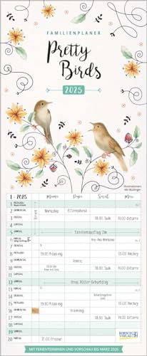 Familienplaner Pretty Birds 2025: Familientimer - 4 große Spalten mit viel Platz. Hochwertiger Familienkalender für Vogelliebhaber und Vorschau bis März 2026. 19 x 46 cm.