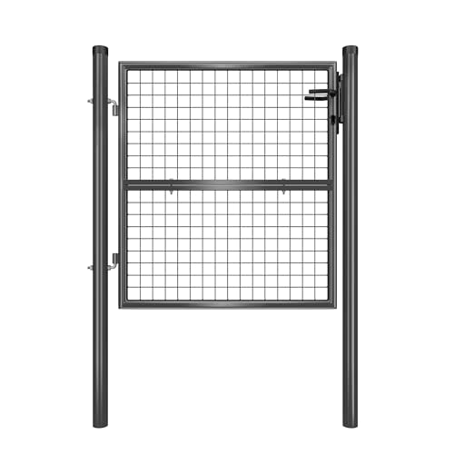 SONGMICS Gartentor, Gartentür, verzinkter Stahl, abschließbar, Tür 106 x 100 cm (B x H), rundes Rohr, grau GGD150A01