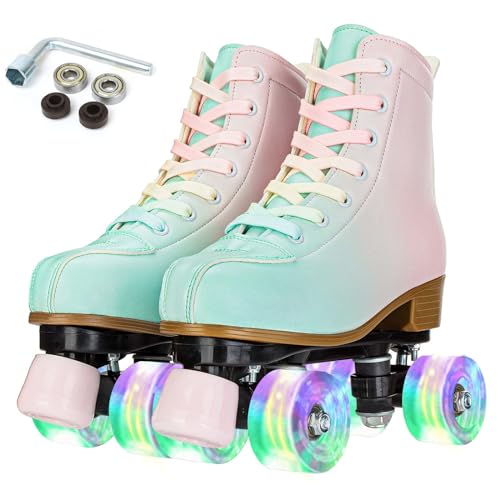 XUDREZ Rollschuhe für Mädchen und Damen, leuchtende Derby-Skates, hohe Oberseite, zweireihig, verstellbar, PU-Skates, Schuhe für Kinder, Anfänger, drinnen und draußen (36)