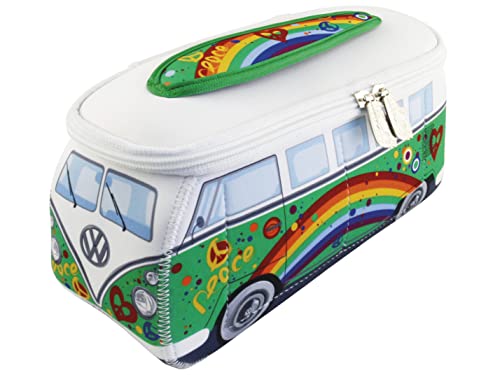 BRISA VW Collection - Volkswagen T1 Bulli Bus Universal-Schmink-Kosmetik-Kultur-Reise-Hausrats-Tasche-Mäppchen-Beutel (Neopren/Peace/Hippie/Grün)