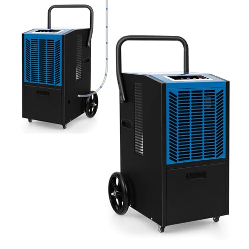 FANTASK Luftentfeuchter mit 4 Rädern, Bautrockner 66 L/Tag mit Pumpe & Ablaufschlauch, Industrie Trocknungsgerät mit 24H Timer für Keller Baustelle Lager, Blau