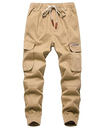 YOUNGSOUL Jungen Cargohose Kinder Stretch Cargo Hose Jogginghose Freizeithose mit Gummizug Khaki DE: 152-158 (Herstellergröße 150)