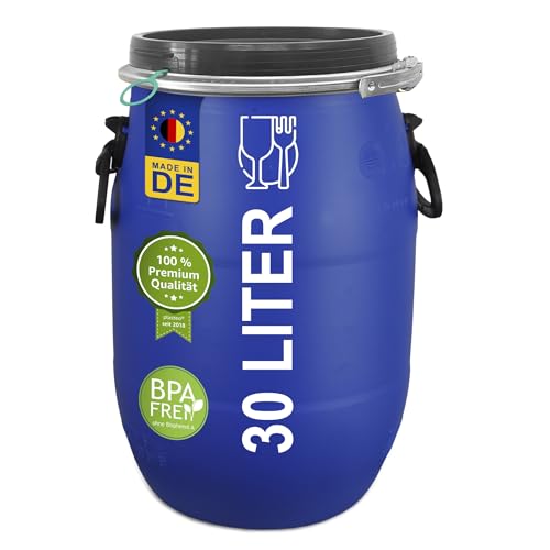 plasteo® 30 Liter Deckelfass Lebensmittelecht FDA-zugelassen Kunststofffass Weithalsfass Universalfass Futtertonne | Luftdicht Verschließbar | Stapelbar und Palettengerecht | Gefahrgutzulassung