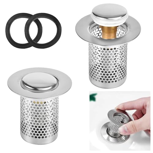 ADERTOS 2 Stück Abflussfilter Waschbeckenstöpsel Edelstahl Waschbecken Stöpsel Pop Up Ablaufgarnitur Stöpsel zum Drücken Ablaufventil mit Anti Clogging Sieb Abflusssieb für 34-38mm, Tiefe>5cm Loch