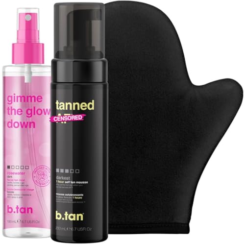 b.tan Darkest + Glowy Selbstbräuner-Set | b.tan + Glow Bundle – Selbstbräunungs-Mousse mit Gesicht + Körper schrittweiser Selbstbräuner-Nebel mit Selbstbräuner-Handschuh-Applikator, 200 ml