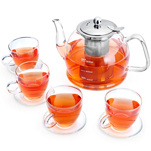 1200ML Teekanne Glas Set, Teekanne mit Siebeinsatz, Teeservice 4 Gläser, Borosilikatglas Teekanne, Glasteekanne, Teekanne Glas mit Siebeinsatz, Tee-Ei für lose Blätter Teekanne Set