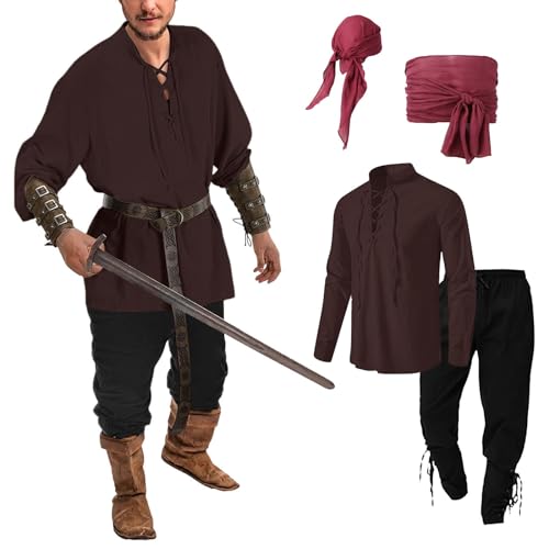 Darringls Mittelalter Kleidung Herren Renaissance Kostüm Set Vintage Viking Cosplay Sets mit Gürtel Handgelenkgurt Zubehör Schnürhemd Halloween Karneval Kostüm Renaissance Kleidung