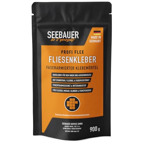 SEEBAUER diy® Profi Flex-Fliesenkleber | Fliesenkleber für Wand- & Bodenfliesen, Mosaik, Riemchen & Klinker | Auch für Heizestrich geeignet | Flexibel und Faserarmiert | Wiederverschließbar (900 g)