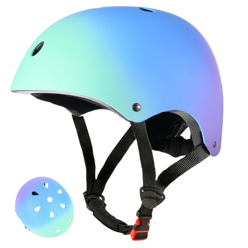 LOKJIJI Verstellbarer Kinder Fahrradhelm Skaterhelm für Mädchen Jungen Kinder Jugend, Farbe Farbverlauf Kinder Schutzhelme für Multi-Sportarten Fahrrad Skateboard Skaten, Grün Blau, S