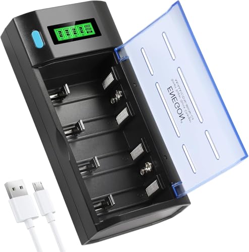 ENEGON Batterie Ladegerät–Universal Akku Ladegerät & Battery Charger für AA/AAA/C/D/9V NiMH/NiCD wiederaufladbare Batterien –mit LCD Display, Schnellladefunktion, Entladefunktion und 4 Ladeschächten