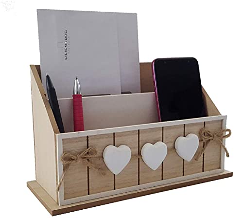 LB H&F Briefablage Papierablage Schreibtisch-Organizer Utensilo Stifteablage Holz Herz 25cm Aufbewahrungsbox Briefe Stifte