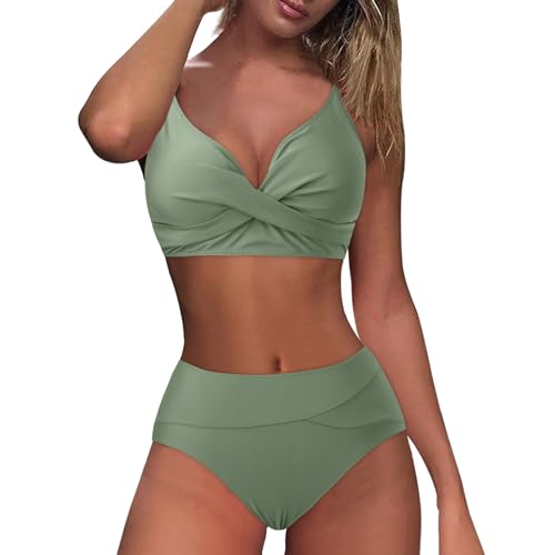 KDEIHT Bikini Damen Set Cross Zweiteiliger Badeanzug V Ausschnitt Bademode High Waist Badeanzüge Bikinioberteil Badehose Anzug mit Bauchkontrolle Swimsuit Urlaub Strand Schwimmanzug Beachwear
