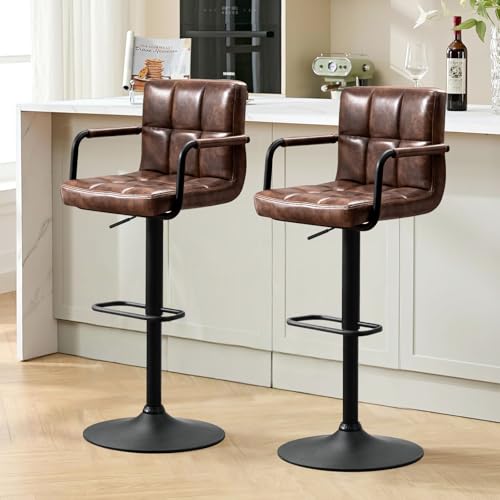 Ckaff Barhocker 2er Set, Barstuhl höhenverstellbar aus PU-Leder, 360°Drehstuhl Küchenstuhl mit Armlehnen, Rückenlehne und Fußstütze für Küche, Wohnzimmer, Esszimmer, Dunkelbraun