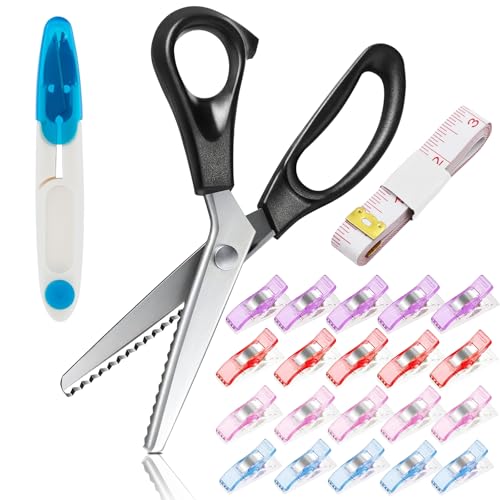 Zackenschere Stoffschere,9.2 Inch Edelstahl Schneider Zick Zack Schere für Stoff mit Schere,20 Stoffklammer 2M Schneidermaßband,für Stoff, Kraft,Handwerk,Hobby Schneiden
