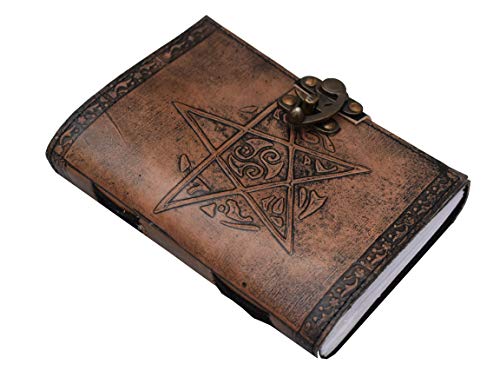 Pentagramm mit Mond, keltisches Buch der Schatten, Tagebuch, blanko, Leder, antikes Farbe, handgefertigtes Papier, Zauber, Wicca, Pentagramm-Notizbuch, Leder-Tagebuch für Frauen, 17,8 x 12,7 cm