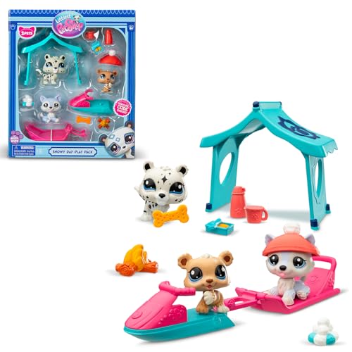 BANDAI - Littlest Pet Shop - Pack Set Schneetag 3 Tiere und Zubehör - Pet Shop LPS Husky, Bär, Leopard - Spielzeugset mit niedlichen Mini-Tierfiguren - Spielzeug für Kinder ab 4 Jahren - BF00534