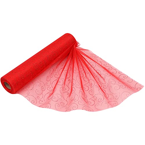 Glitzerstoff aus Organza-Rolle, 25 m x 29 cm, glitzernder Glitzerstoff mit beflocktem Wirbelmuster, für Hochzeitslocation, Schleifenschärpe, Tischläufer, Weihnachtsbaum, Partydekoration, Rot