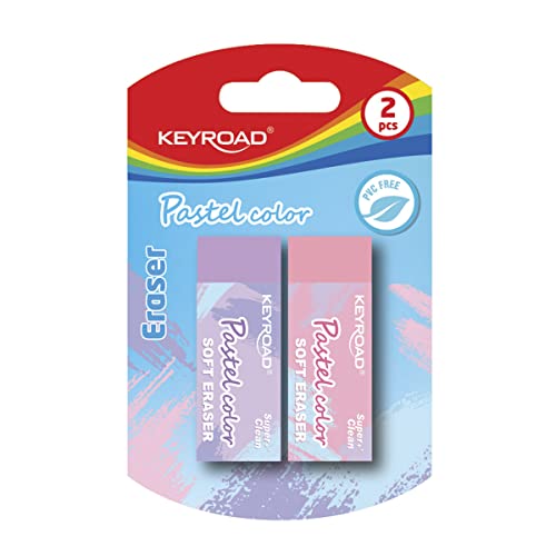 KeyRoad Universal Radiergummi/Radierer für Bleistift und Buntstift/ 2 Stücke/Blister/Farbe: Pastellfarben/Ideal Schule Büro, KR972036