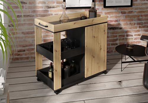 Forte Home BAR Barschrank 70 80, Schrank mit Rollen und 2 Türen, Barmöbel, Wohnzimmerbar, Barzimmer, Holzwerkstoff, Artisan Eiche/Schwarzeiche Holzdekor, 77 cm breit x 88,2 cm hoch x 42 cm tief