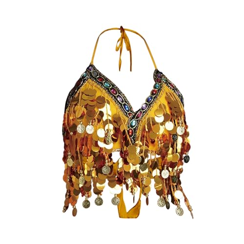 Brillenetui für mehrere Brillen, Pailletten, bunt, Wickel-Bauchtanz-BH, Bühnenaufführung, bunte Pailletten, Tops, Spaghettiträger, Tops für Frauen, gelb, 36