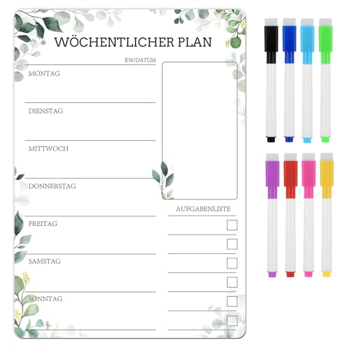 A4 Wochenplaner Abwischbar,Klebrig Haushaltsplaner Essensplaner Woche Menüplaner mit 8 Whiteboard-Stift,Wiederverwendbarer Einkaufsliste To Do Liste, Eukalyptus Design