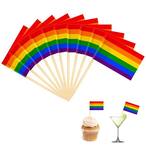 Flagge Zahnstocher,100 Stück LGBTQ Regenbogen Zahnstocher Flaggen Deko,LGBTQ Flagge für Pride MonthCocktail-Stäbchen,Gay Pride Cupcake Topper,Regenbogenfahne für Parade Party Karneval Tisch Deko