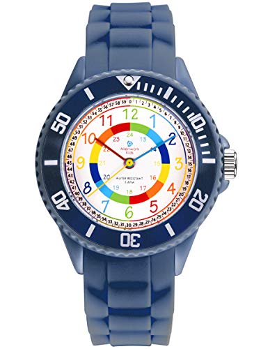 Alienwork Kids Lernuhr Kinderuhr Jungen Mädchen Marineblau Silikon-Armband Mehrfarbig Kinder-Uhr Wasserdicht 5 ATM Zeit Lernen