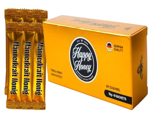 Happy Honey | Premium Kräuterhonig mit 100% reinem Ginśeńg für aktive Männer | Hohe Dosierung – Sofortige Energie– Hohe Leistung für die intimen und glücklichen Momente des Mannes – 6 Beutel(je 15 Gm)