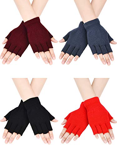 Bememo fingerlose Strickhandschuhe für Jungen und Mädchen, einfarbig, 4 Paar Gr. Medium, Schwarz, Grau, Weinrot, Rot.