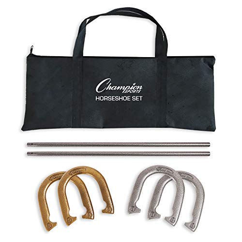Champion Sports Klassisches Hufeisen-Set: traditionelles Outdoor-Rasenspiel enthält Vier professionelle Hufeisen aus massivem Stahl mit massiven Stahlpfählen und Tragetasche