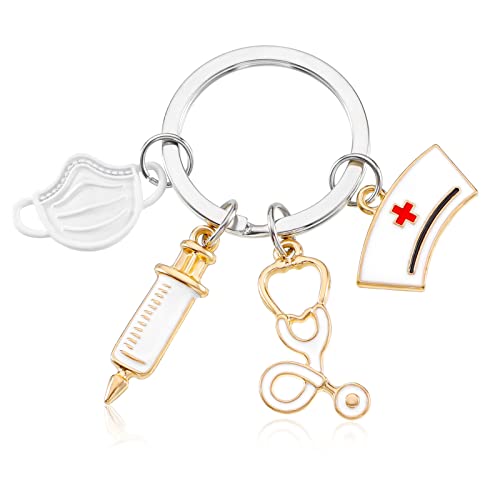 Dacitiery Schlüsselanhänger Krankenschwester Keychain Metall Krankenschwester Schlüsselanhänger mit Spritze, Krankenschwester Kappe und Stethoskop für Arzt Medizinstudent Krankenschwester Geschenke