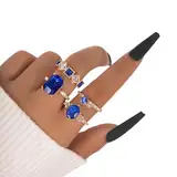 4 teiliges Gold Ring Set für Damen Vintage Knöchel Stapelringe böhmische Kristall Fingerringe blaue Strass Ringe geometrische Zirkonia-Kristallringe Schmuck für Teenager Mädchen Geschenke (Blau)