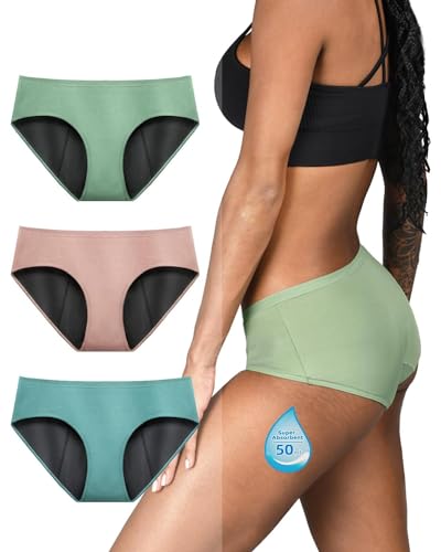 TIICHOO Periodenunterschwäsche Starke Blutung für Menstruation Wochenbett Schwangerschaft Unterhosen Damen 3er Pack (XXL, Matcha Grün/Türkis Grün/Roségold)