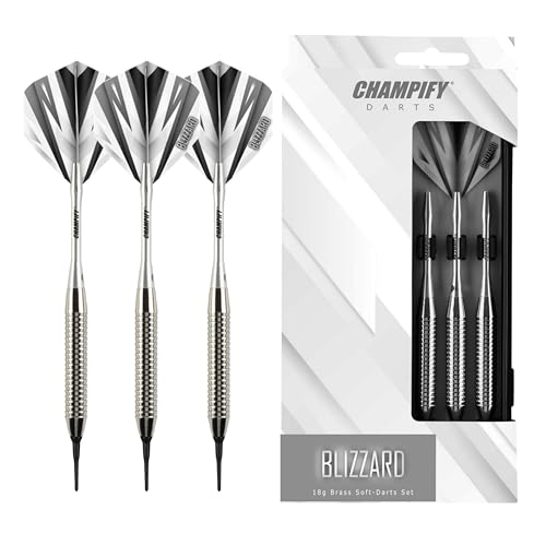 Champify® 18g Brass Soft-Darts Set “Blizzard” mit Kunststoff-Spitze | 3 Dartpfeile mit 6 Schäften & 6 Flights & 30 Softdart-Spitzen | inkl. weiteres Zubehör | Dartpfeile mit Plastik-Spitzen