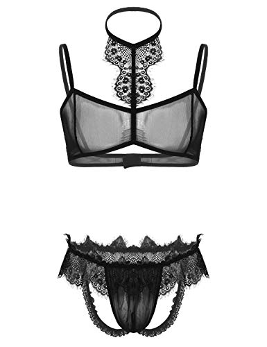 YOOJIA Herren Sissy Dessous Set Spitze & Mesh BH Büstenhalter Jockstrap Ouvert Tanga String Transparent Reizwäsche Crossdresser Unterwäsche Schwarz L