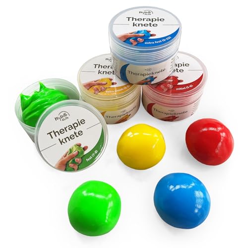 4er Set Premium Therapieknete, geruchlos vegan rückstandsfrei, 4 Farben und Härtegrade, DBT Skills Anti Stress, je 50g, Gegen Anspannung und für mehr Beweglichkeit und Konzentration